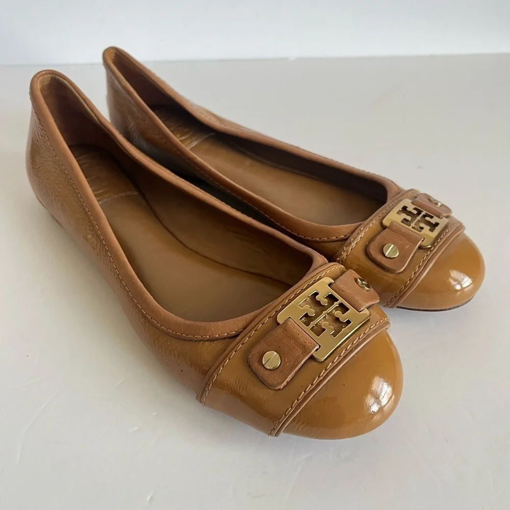 Tory Burch Clines Royal Tan Leather Ballet Flats Size 7M